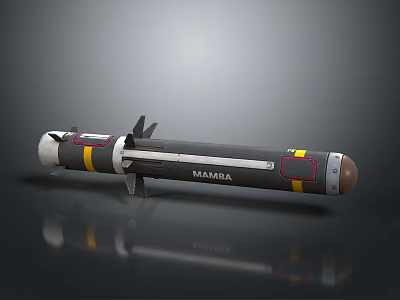 MAMBA Military Missile Weapon Featuring Gray Body Yellow Red Markings And Tail Fins 3d model