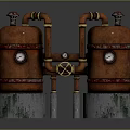 Copper Cylindrical Tanks With Interconnected Brass Pipes And Concrete Bases