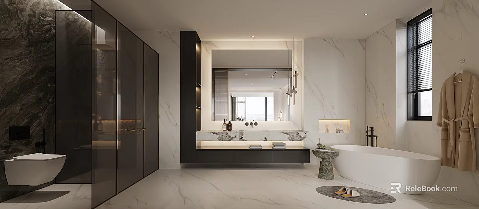 Elegant Modern Bathroom Interior With Marble Vanity Bathtub Large Mirror And Cabinets 3d model 