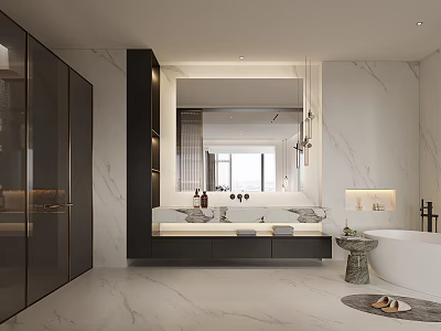 Elegant Modern Bathroom Interior With Marble Vanity Bathtub Large Mirror And Cabinets 3d model