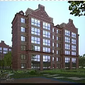 Modern Multi Story Red Brick Residential Building Featuring Large Windows And Greenery Surrounding