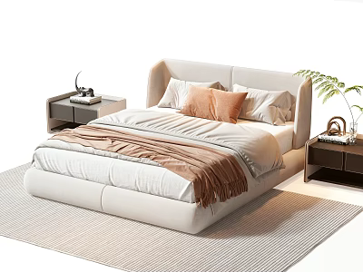 Modern Beige Double Bed With Brown Pillow Blanket Nightstands Table Lamp Green Plant And Rug 3d model