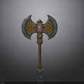 Ornate Battle Axe With Silver Blades Orange Intricate Patterns And Red Wrapped Handle 3d model