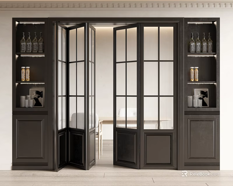 Modern Interior Design With Black Frame Folding Doors Glass Panels And Storage Cabinets 3d model 