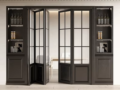 Modern Interior Design With Black Frame Folding Doors Glass Panels And Storage Cabinets 3d model