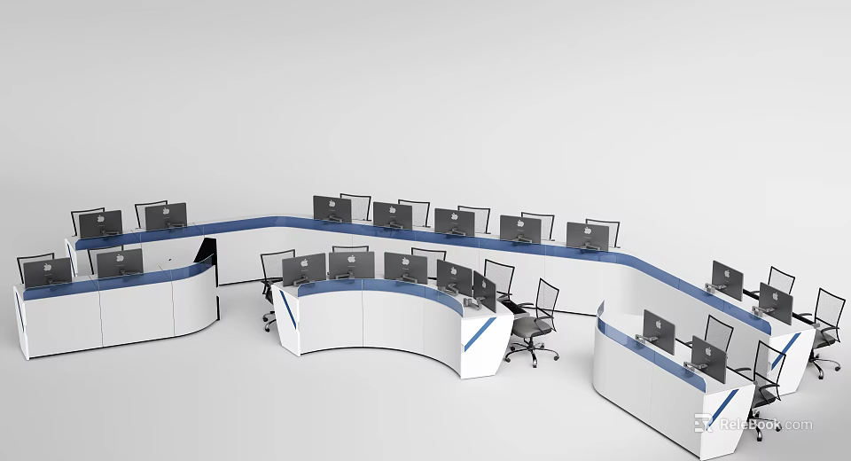 Modern Curved Conference Table With Multiple Computer Screens And Office Console Design 3d model 