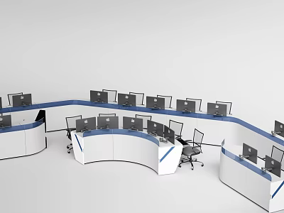 Modern Curved Conference Table With Multiple Computer Screens And Office Console Design 3d model