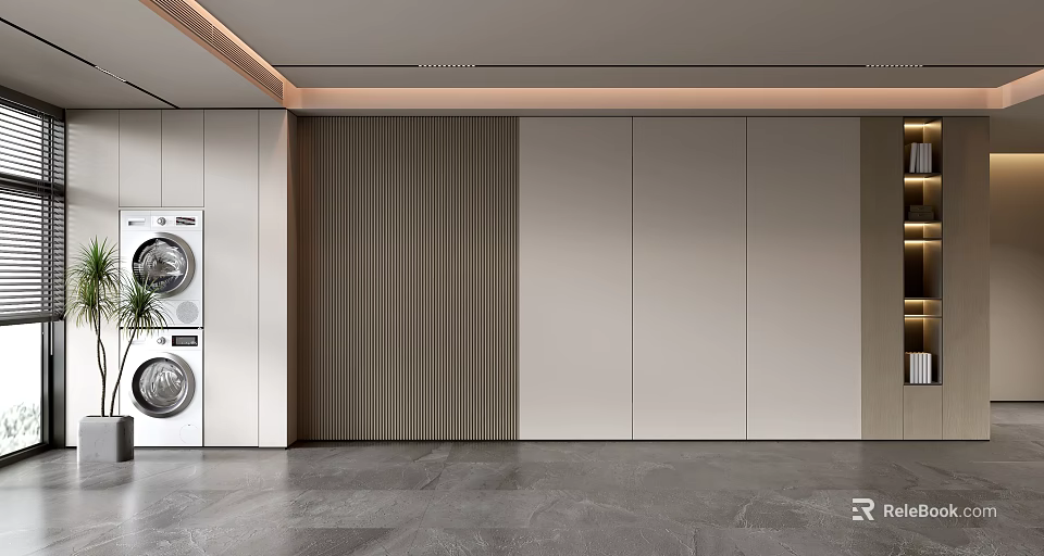 Modern Sofa Background Wall With Wooden Decorative Strips Light Dark Panel Design And Gray Flooring 3d model 