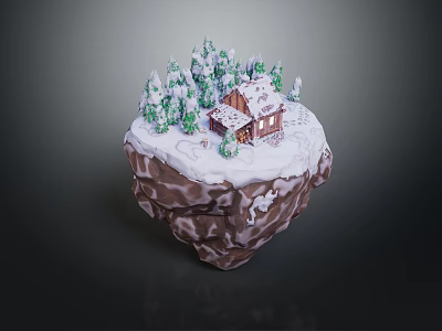 Snow Covered Wooden Cottage On Floating Rock With Green Trees 3d model