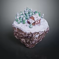 Snow Covered Wooden Cottage On Floating Rock With Green Trees