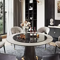 Modern Restaurant Featuring Round Dining Table Grey Chairs Chandelier Large Window View And Decorative Painting