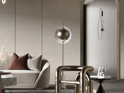 Modern Living Room With Stylish Leisure Chair In Beige Fabric And Metal Frame Accent Pillows 3d model