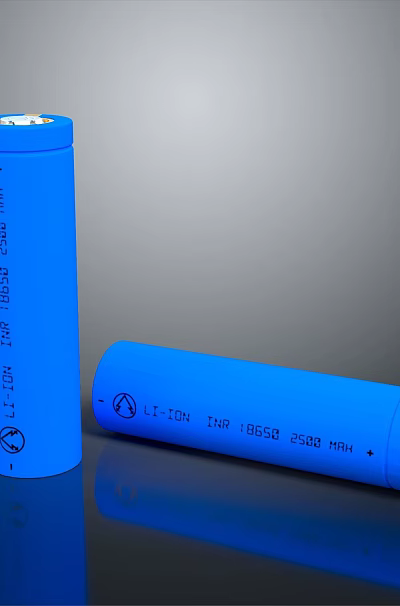 Two Blue Cylindrical Batteries Standing and Lying with Surface Text 3d model