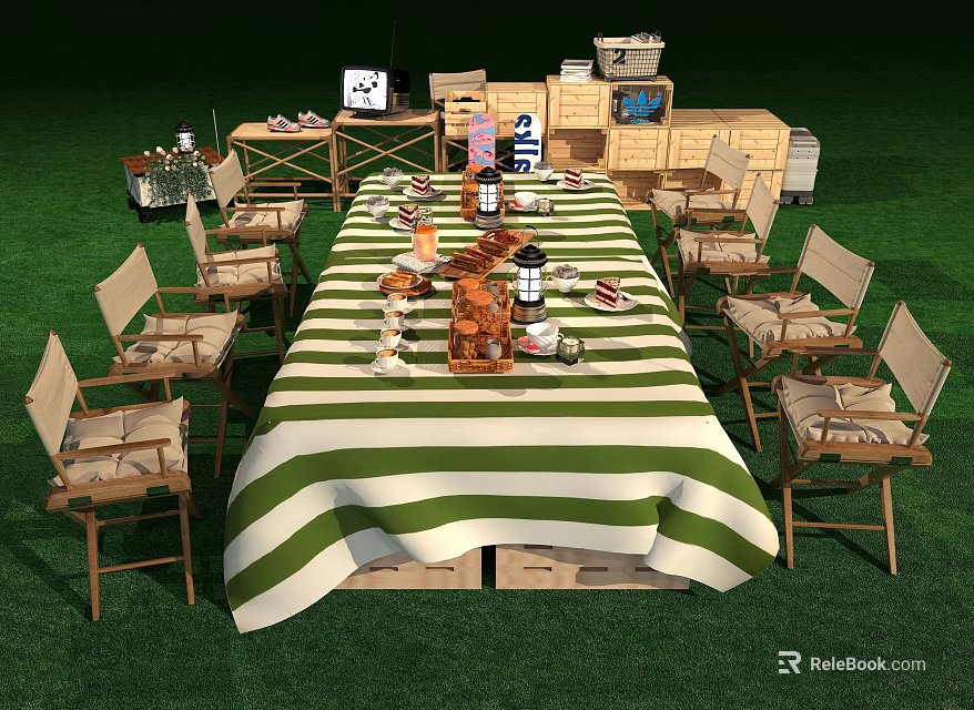 Outdoor Chairs Around Long Green And White Striped Table With Food Drinks Utensils On Grass 3d model 