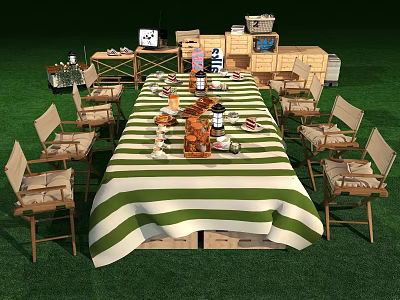 Outdoor Chairs Around Long Green And White Striped Table With Food Drinks Utensils On Grass 3d model