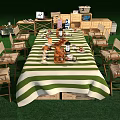 Outdoor Chairs Around Long Green And White Striped Table With Food Drinks Utensils On Grass