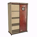 Wooden Wardrobe With Red Door And Round Window For Storage With Multiple Shelves
