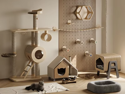 Cozy Cat Living Space With Wooden Tree House Bowls And Bed 3d model