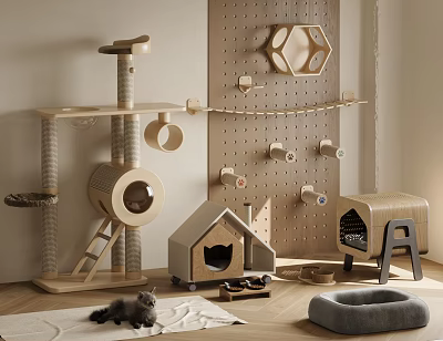 Cozy Cat Living Space With Wooden Tree House Bowls And Bed 3d model