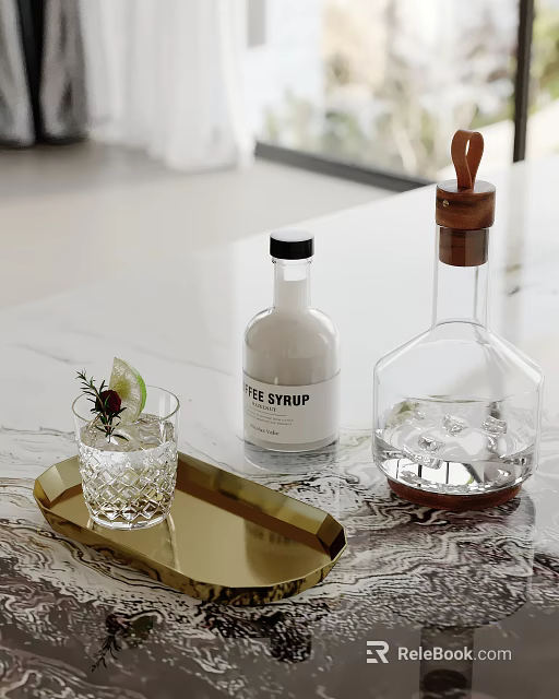 Decorative Ornament Set With Golden Tray Glass Syrup Bottle Transparent Wooden Cork Bottle On Table 3d model 