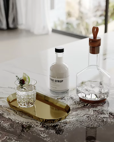 Decorative Ornament Set With Golden Tray Glass Syrup Bottle Transparent Wooden Cork Bottle On Table 3d model
