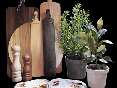 Essential Wooden Kitchen Tools Including Cutting Boards Rolling Pin Pepper Mills With Potted Plants And Cookbook 3d model