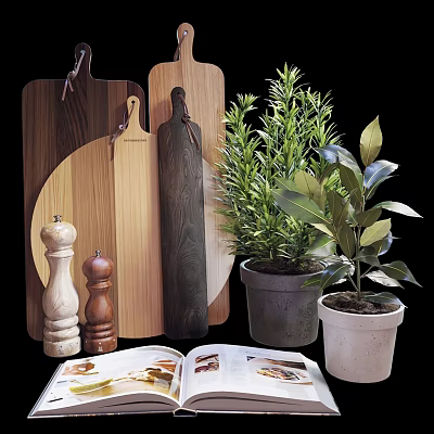 Essential Wooden Kitchen Tools Including Cutting Boards Rolling Pin Pepper Mills With Potted Plants And Cookbook 3d model