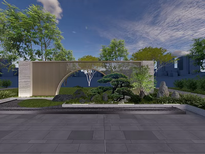 Modern Scenic Wall with Wooden Lattice Arched Design Green Plants Stones and Paved Ground 3d model