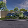 Modern Scenic Wall with Wooden Lattice Arched Design Green Plants Stones and Paved Ground
