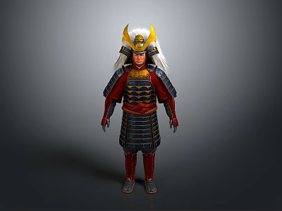 Man In Traditional Samurai Armor With Red Blue Details White Long Hair And Golden Helmet 3d model
