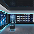 Modern High Tech Exhibition Hall With Blue Lighting Digital Lines Display Platform And Visitors