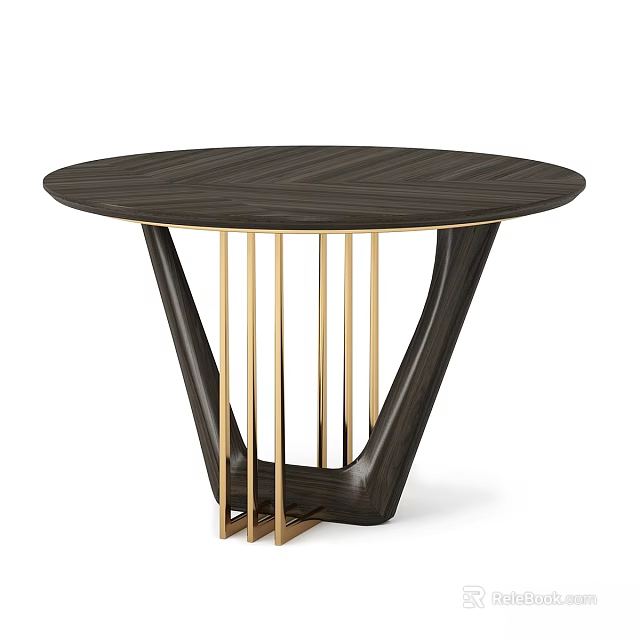 Modern Round Dark Wood Dining Table With Gold Metal Legs And Unique Base Design 3d model 