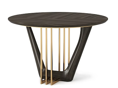 Modern Round Dark Wood Dining Table With Gold Metal Legs And Unique Base Design 3d model