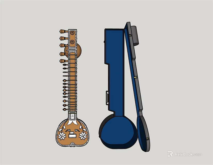Vintage Sitar Musical Instrument And Blue Easel Art Supplies 3d model 