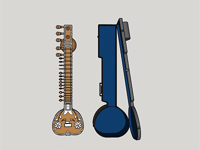 Vintage Sitar Musical Instrument And Blue Easel Art Supplies 3d model