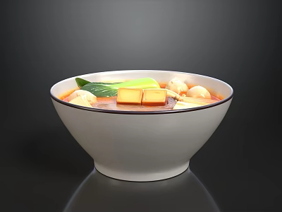 Delicious Red Broth Soup in White Bowl with Tofu Meatballs and Green Vegetables 3d model