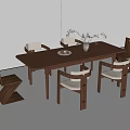 Rectangular Wooden Dining Table Set With Upholstered Chairs And Decorative Branch 3d model