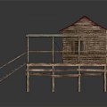 Traditional Wooden Stilt House With Sloped Roof Balcony And Wooden Stairs