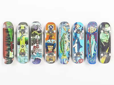 Unique Skateboards With Various Colorful Artistic Designs Arranged In Row 3d model