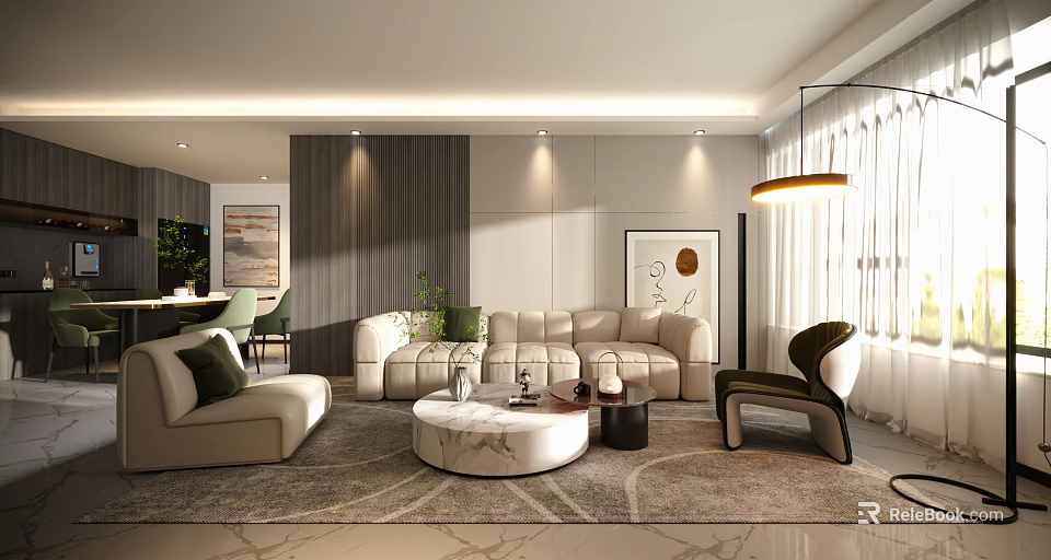 Modern Living and Dining Room Interior With Beige Sofa Marble Coffee Table and Artwork 3d model 