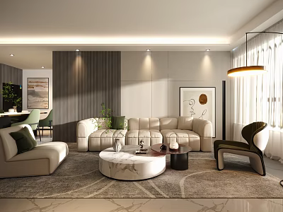 Modern Living and Dining Room Interior With Beige Sofa Marble Coffee Table and Artwork 3d model