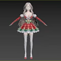 Woman in Festive Christmas Dress with Red Green Patterns Long Hair and Red Shoes