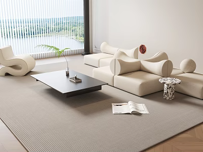 Modern Beige Sofa and Black Coffee Table Set with Soft Rug and Scenic Window View 3d model