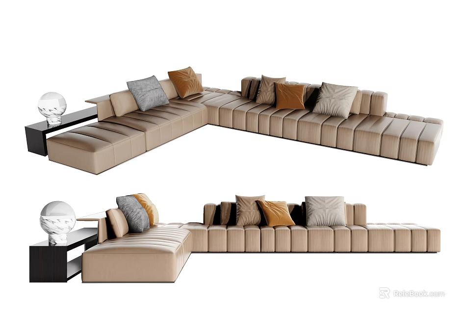 Modern Beige L Shaped Sectional Sofa With Decorative Pillows And Comfortable Design 3d model