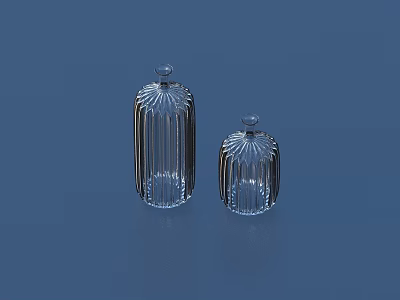 Two Transparent Glass Striped Bottles With Lids On Blue Background 3d model