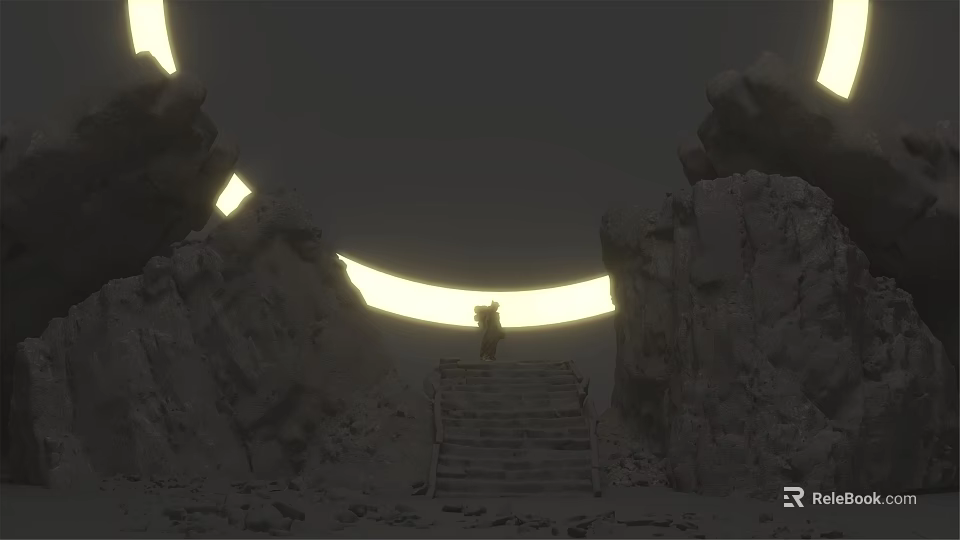 Game Movie Character Standing On Stone Stairs With Glowing Rings In Rocky Environment 3d model 