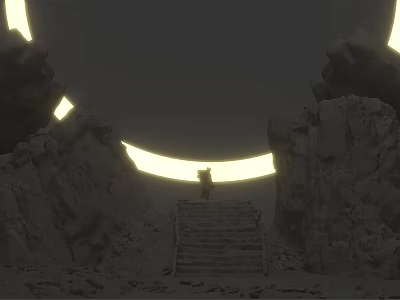 Game Movie Character Standing On Stone Stairs With Glowing Rings In Rocky Environment 3d model
