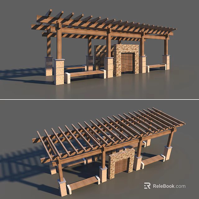 Wooden Pergola with Stone Columns Fireplace and Bench Seating Outdoor Structure Design 3d model 
