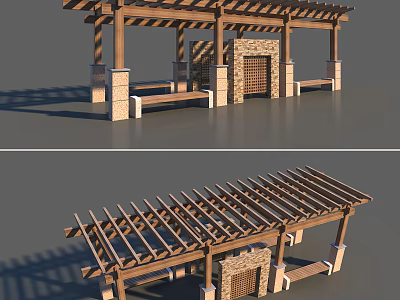 Wooden Pergola with Stone Columns Fireplace and Bench Seating Outdoor Structure Design 3d model
