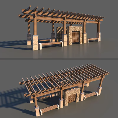Wooden Pergola with Stone Columns Fireplace and Bench Seating Outdoor Structure Design 3d model